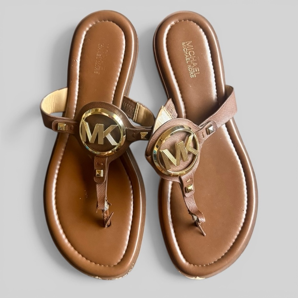 Michael Michael Kors Aubrey Logo T-strap Sandal Brown Size 7.5